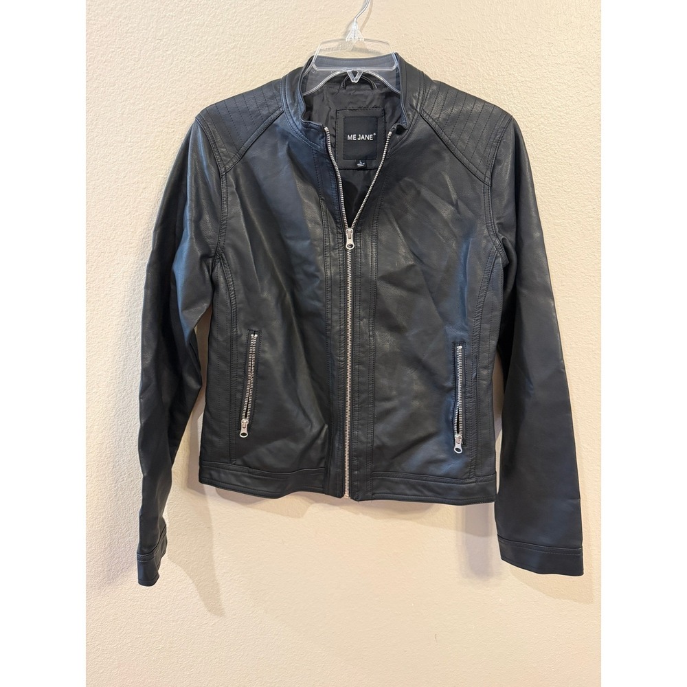 Me Jane Moto Jacket Women Size L Black Excellent Faux Leather Zip Up Quilted